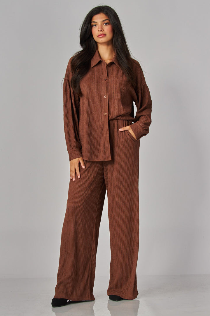 Crinkled Plisse Button Down Shirt Loungewear Set