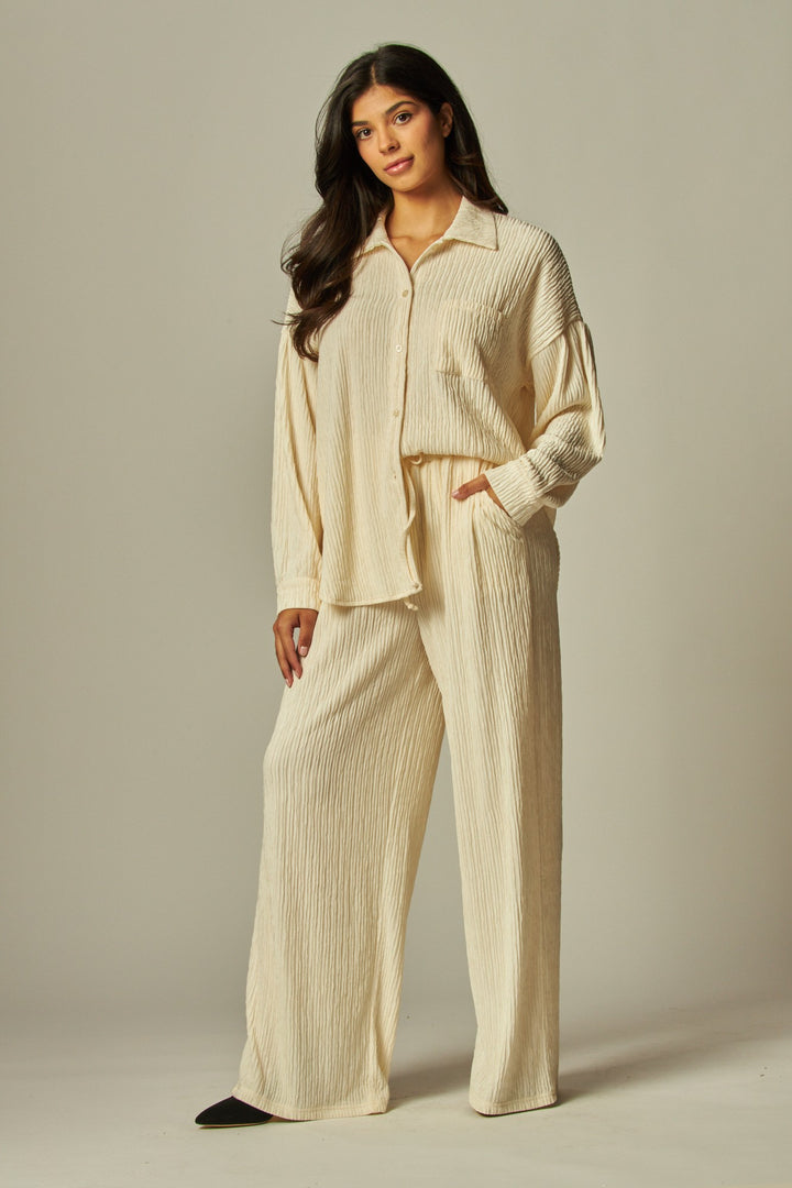 Crinkled Plisse Button Down Shirt Loungewear Set