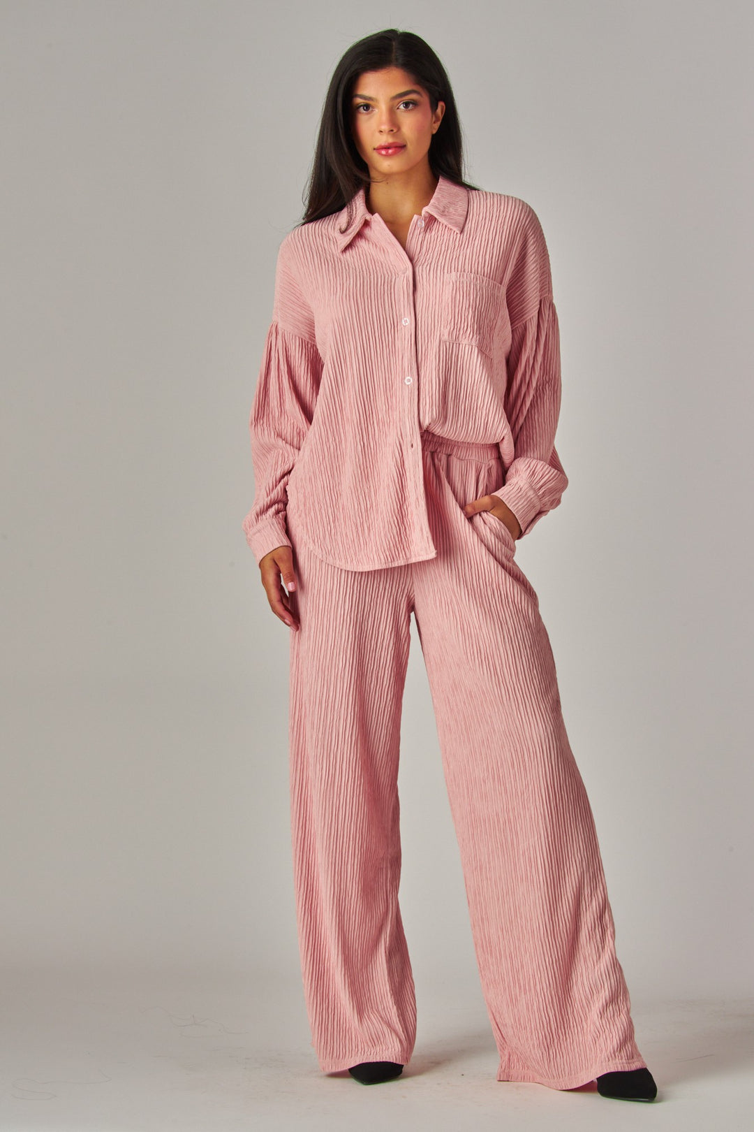 Crinkled Plisse Button Down Shirt Loungewear Set