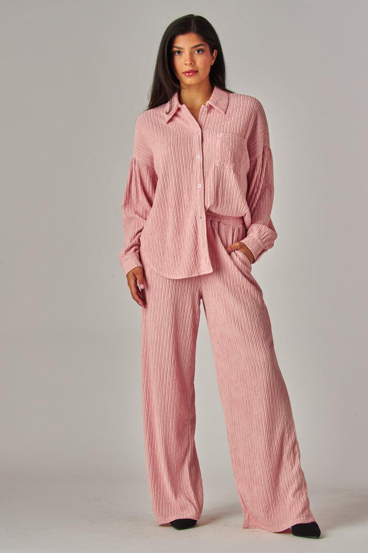 Crinkled Plisse Button Down Shirt Loungewear Set