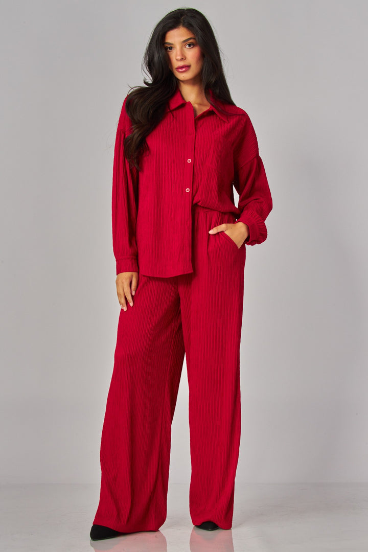 Crinkled Plisse Button Down Shirt Loungewear Set