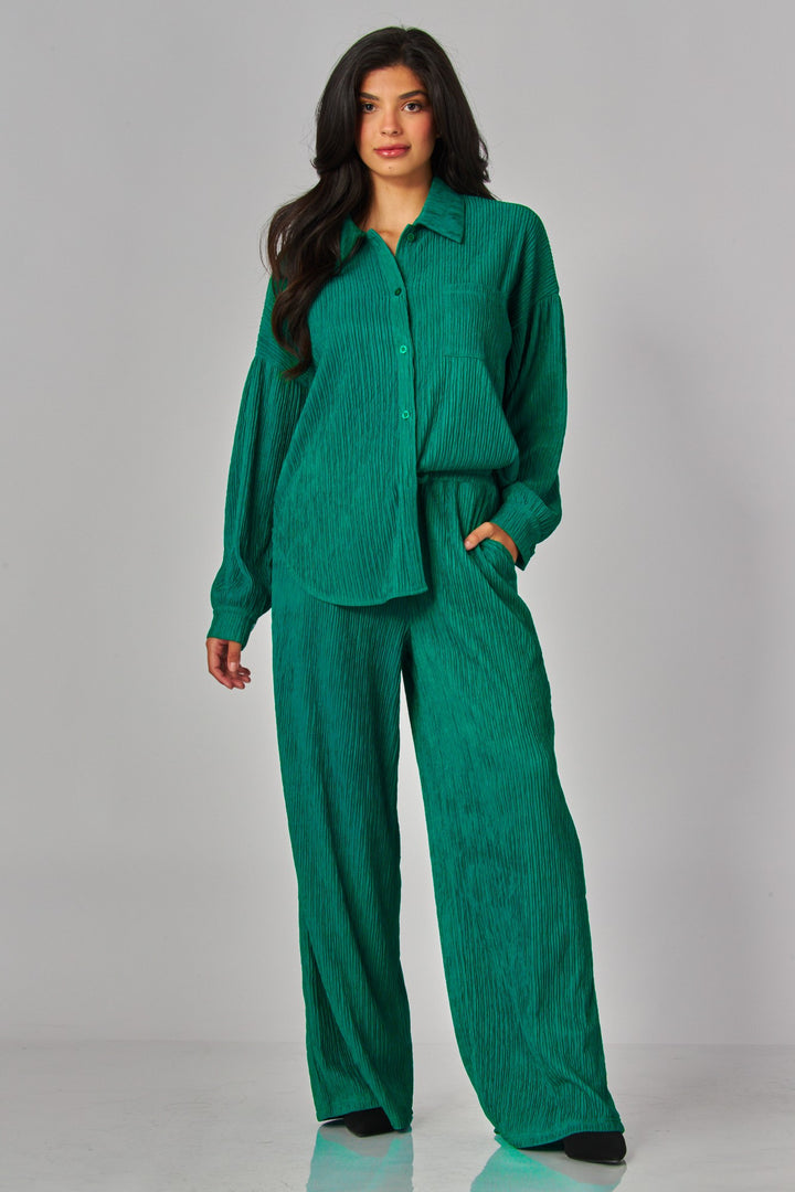 Crinkled Plisse Button Down Shirt Loungewear Set