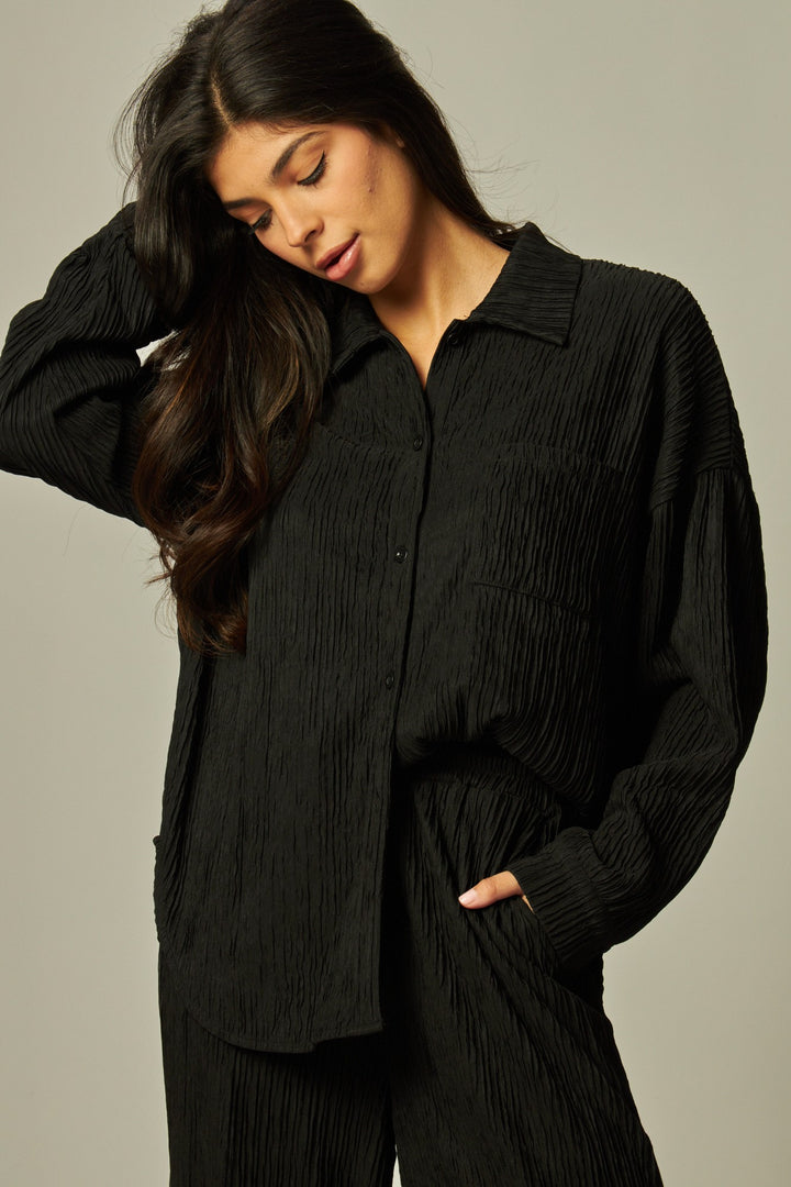 Crinkled Plisse Button Down Shirt Loungewear Set