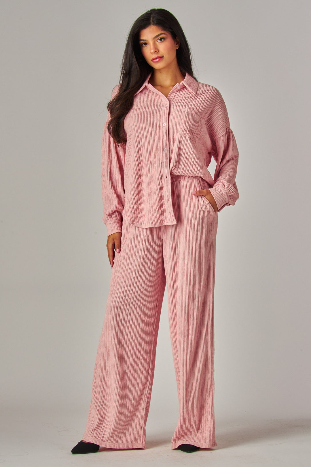 Crinkled Plisse Button Down Shirt Loungewear Set