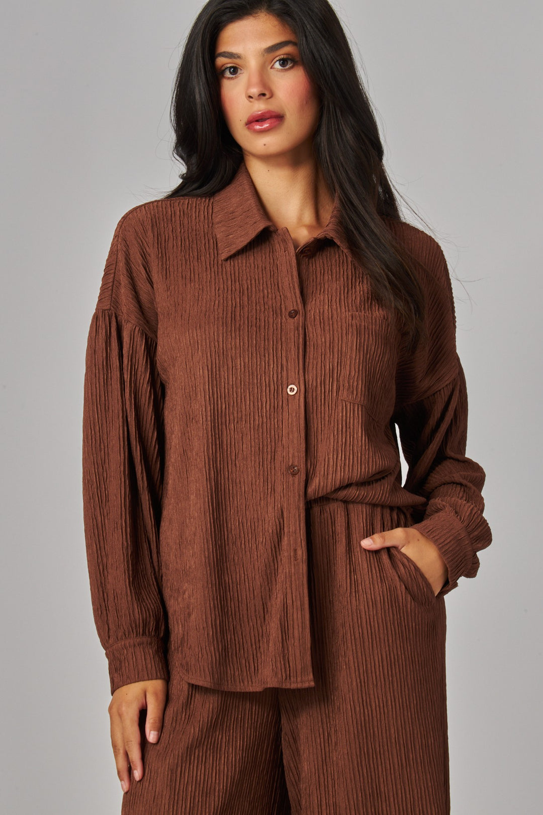 Crinkled Plisse Button Down Shirt Loungewear Set