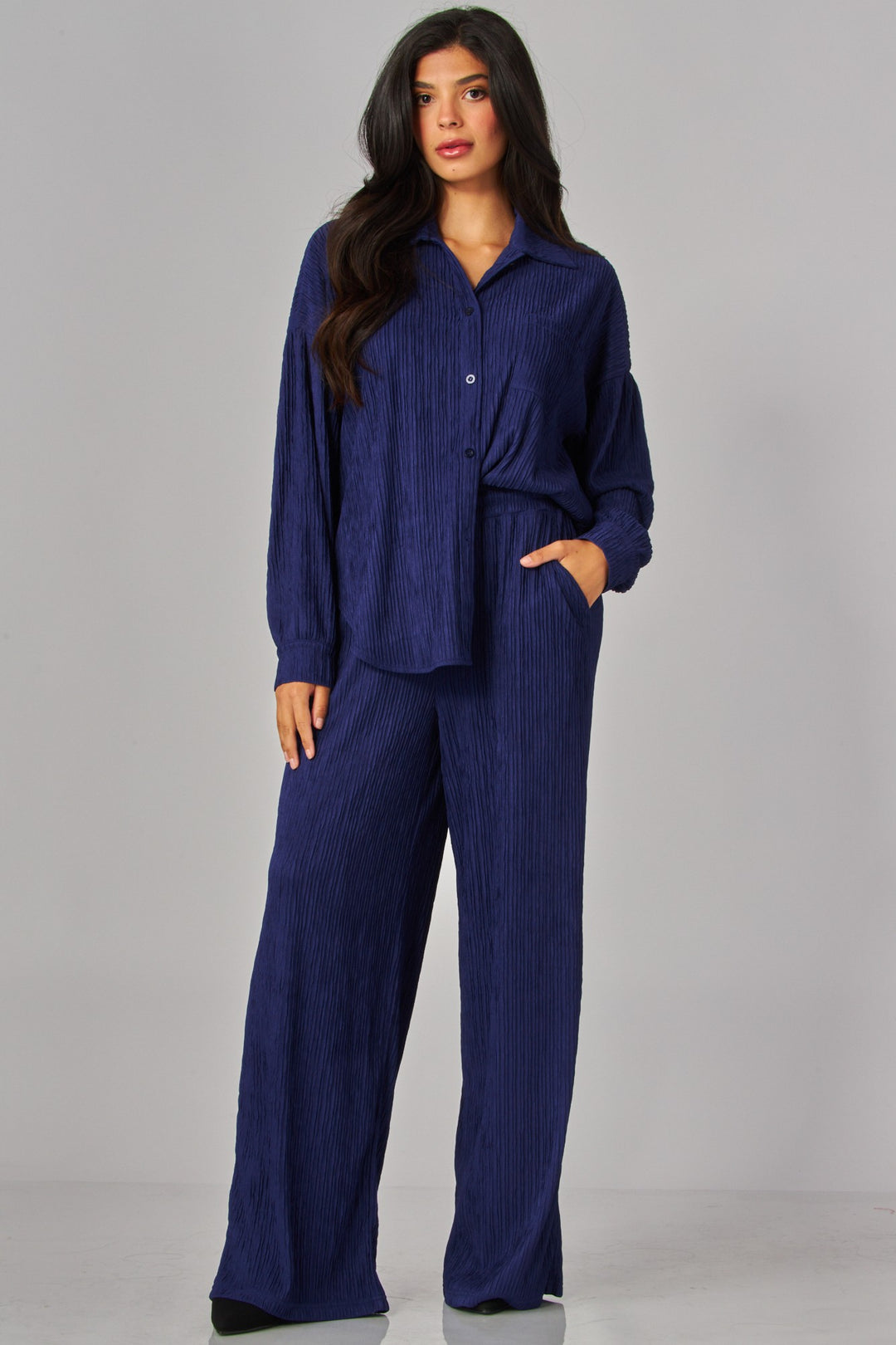 Crinkled Plisse Button Down Shirt Loungewear Set