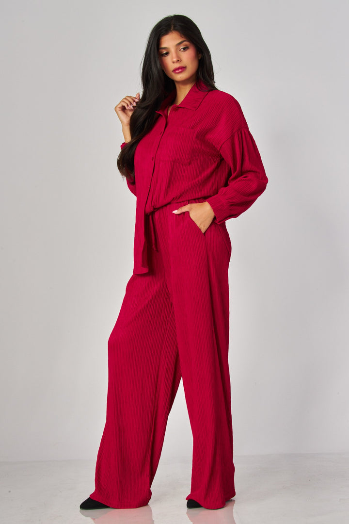 Crinkled Plisse Button Down Shirt Loungewear Set