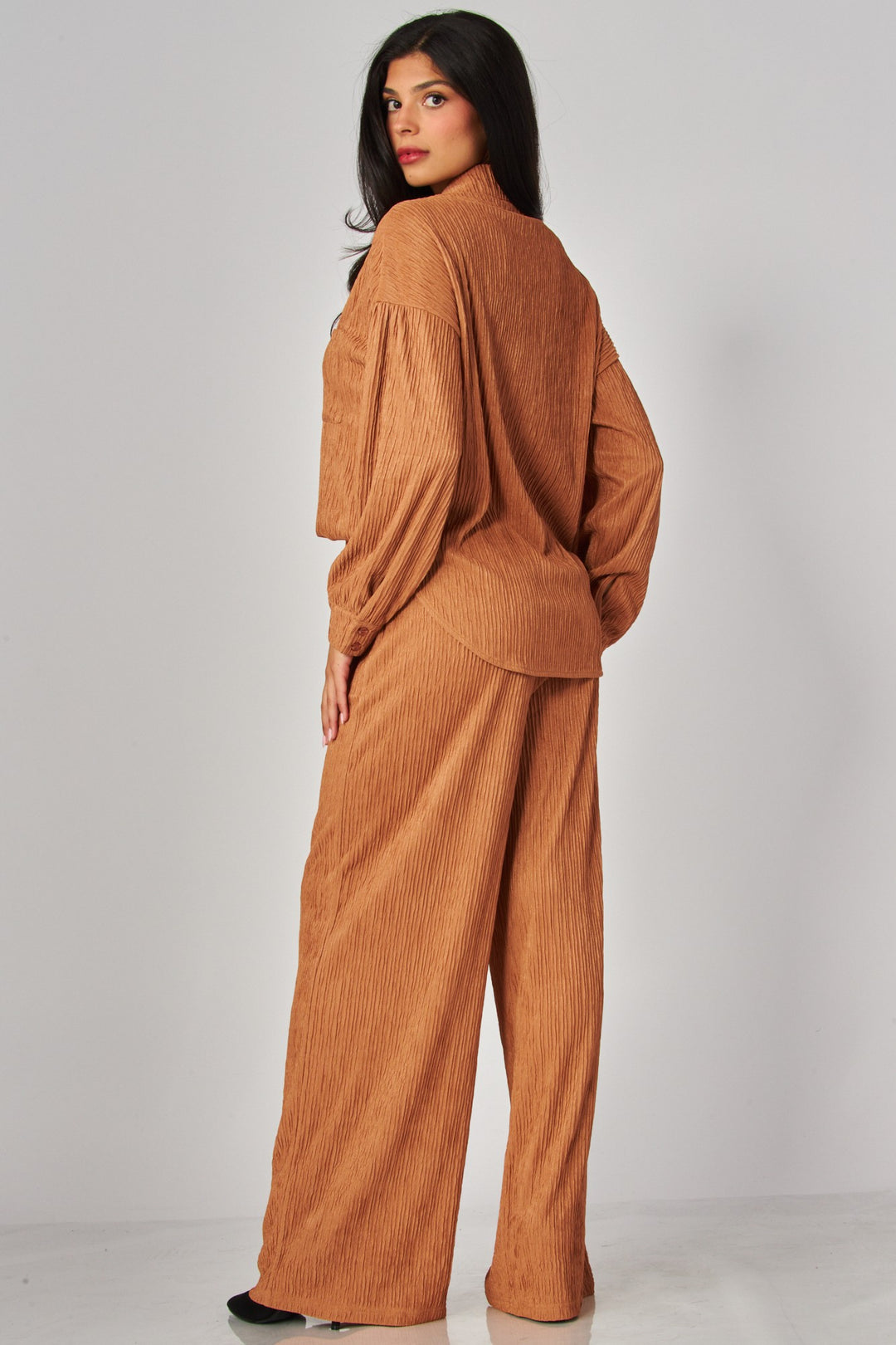 Crinkled Plisse Button Down Shirt Loungewear Set