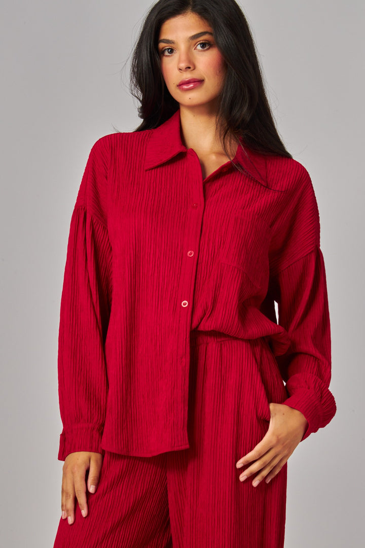 Crinkled Plisse Button Down Shirt Loungewear Set