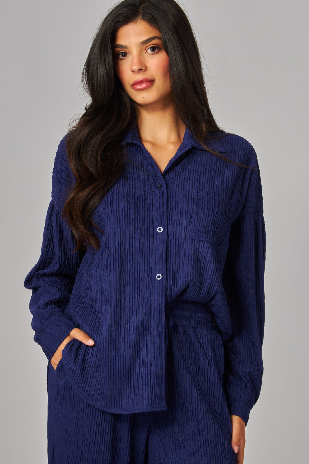 Crinkled Plisse Button Down Shirt Loungewear Set