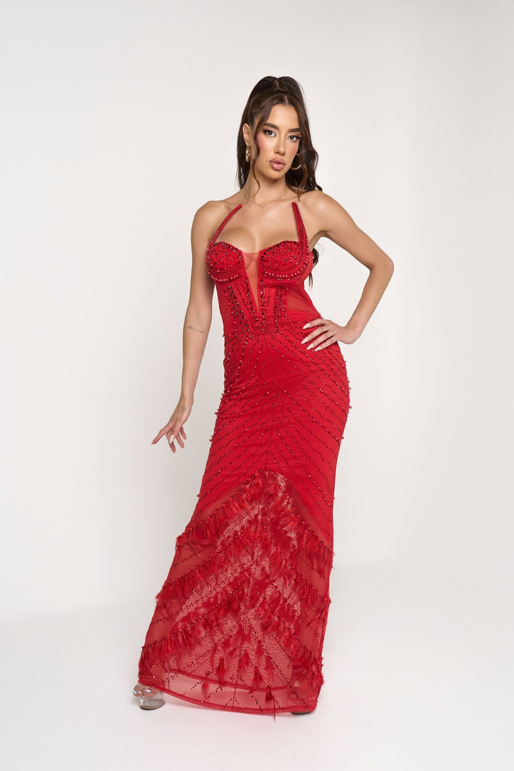RHINESTONE EMBELLISHED SHEER ILLUSION MAXI DRESS