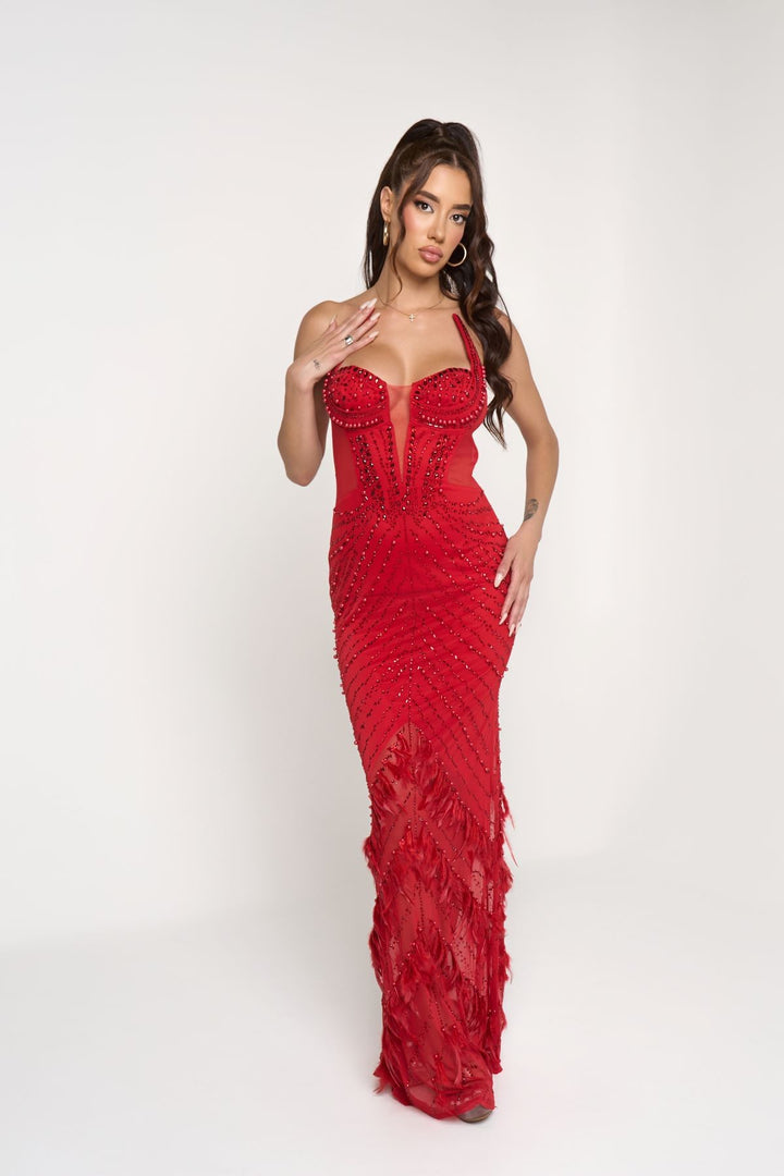 RHINESTONE EMBELLISHED SHEER ILLUSION MAXI DRESS