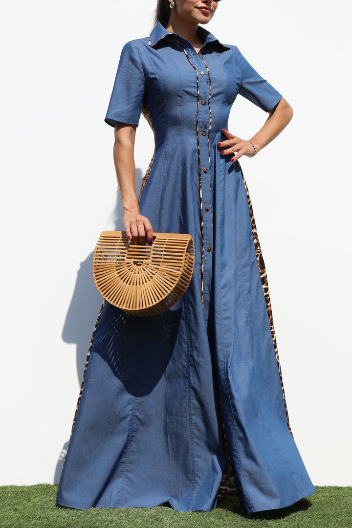 Leopard Button Down Denim Maxi Dress