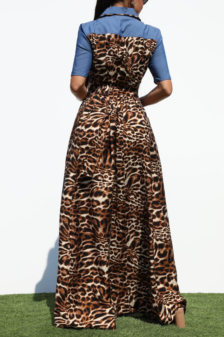 Leopard Button Down Denim Maxi Dress