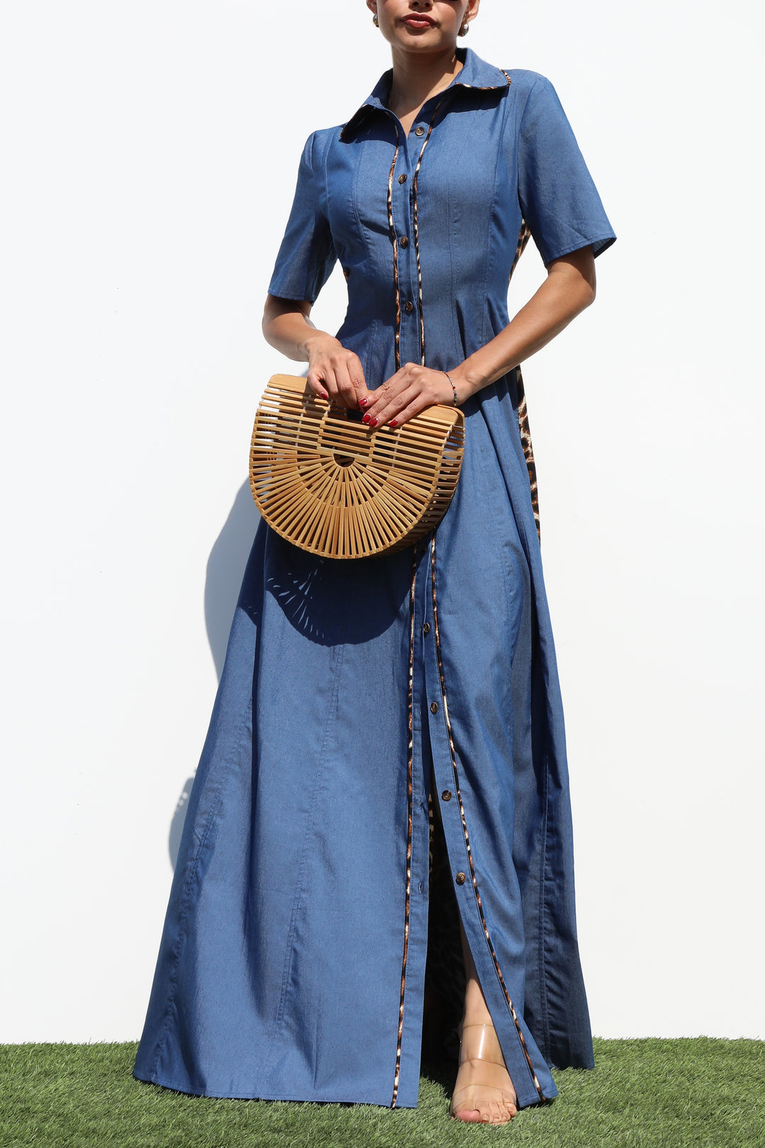 Leopard Button Down Denim Maxi Dress