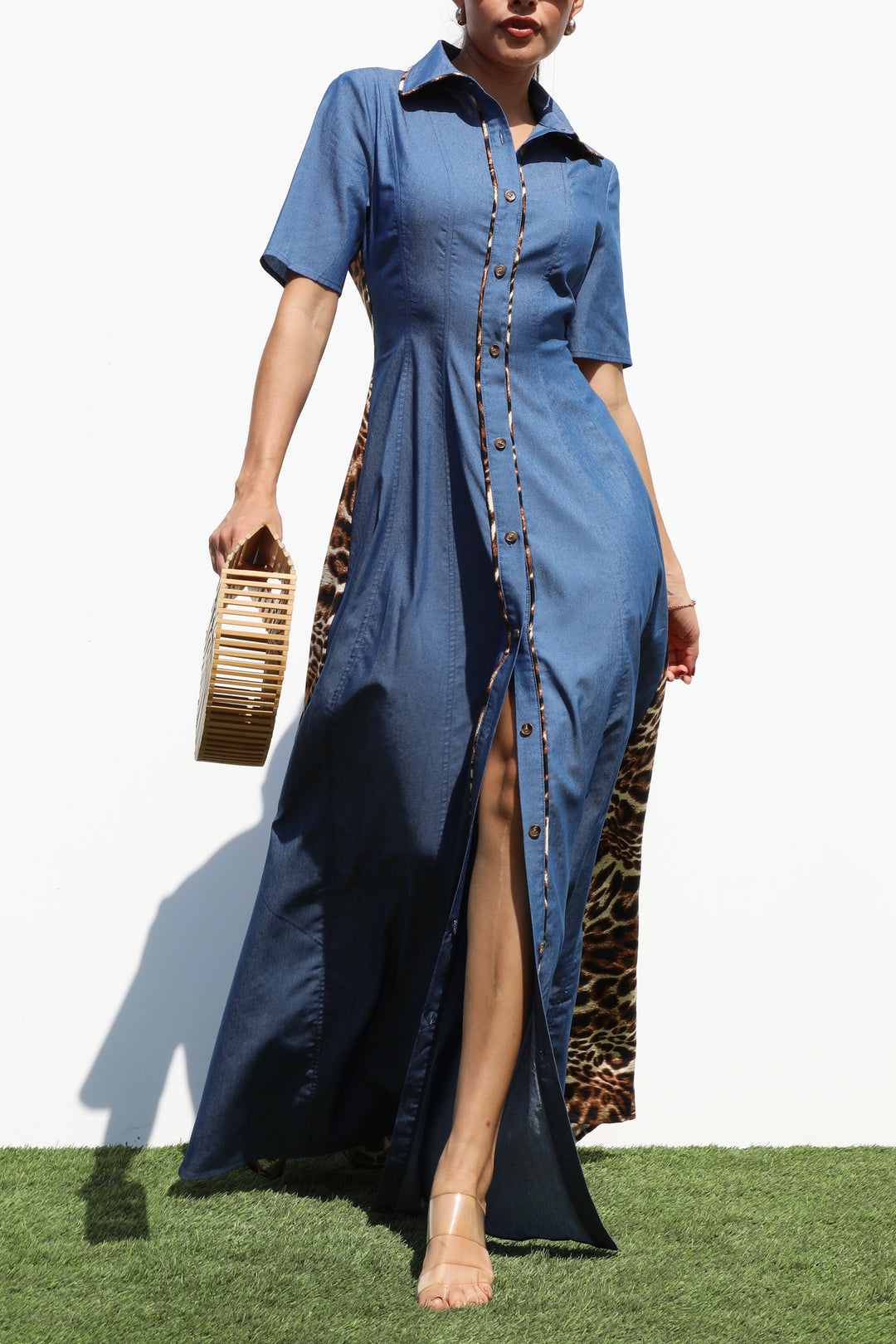 Leopard Button Down Denim Maxi Dress