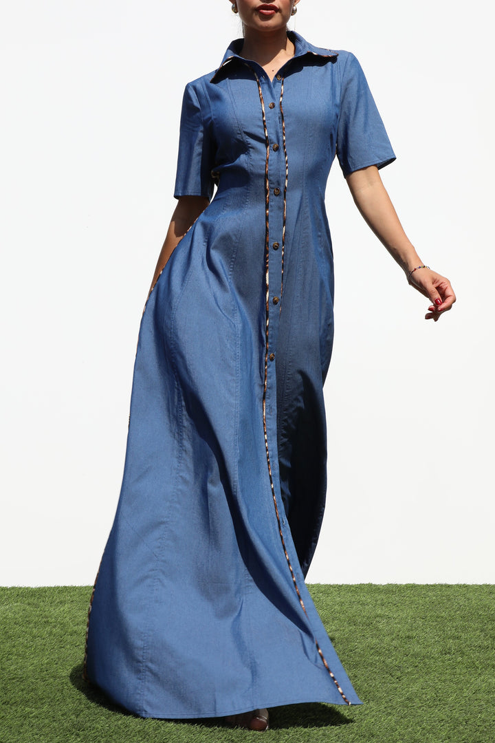 Leopard Button Down Denim Maxi Dress