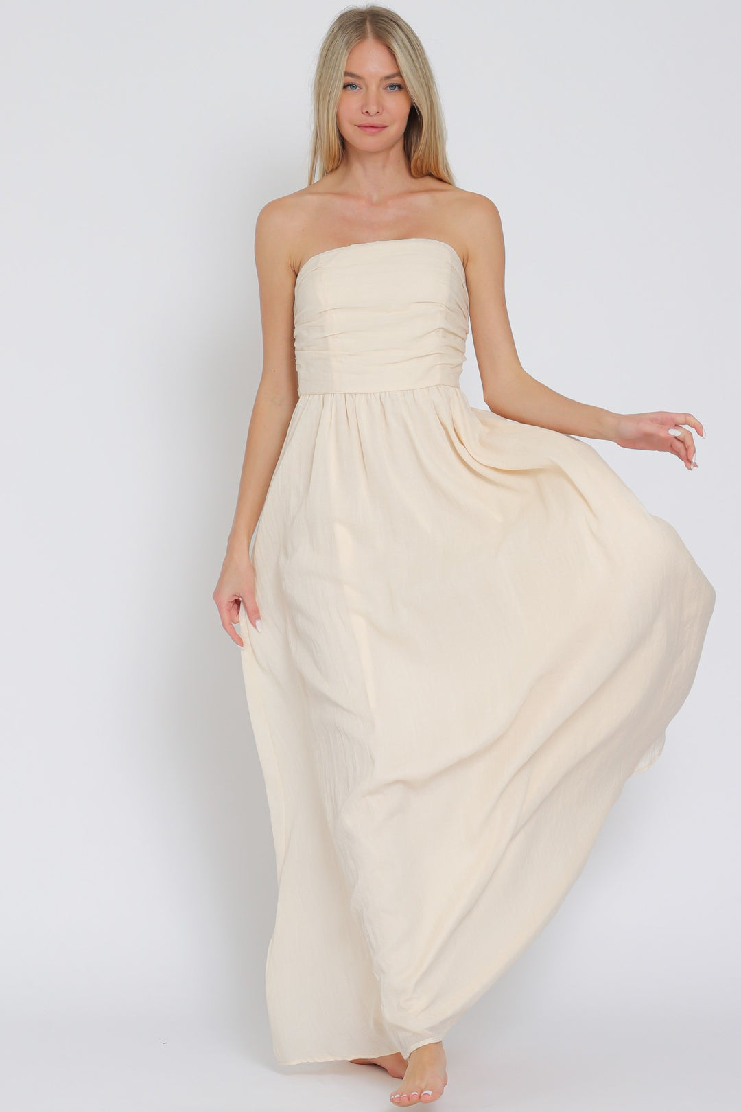 TUBE SMOCKED TIE BACK WAISTED MIDI DRESS