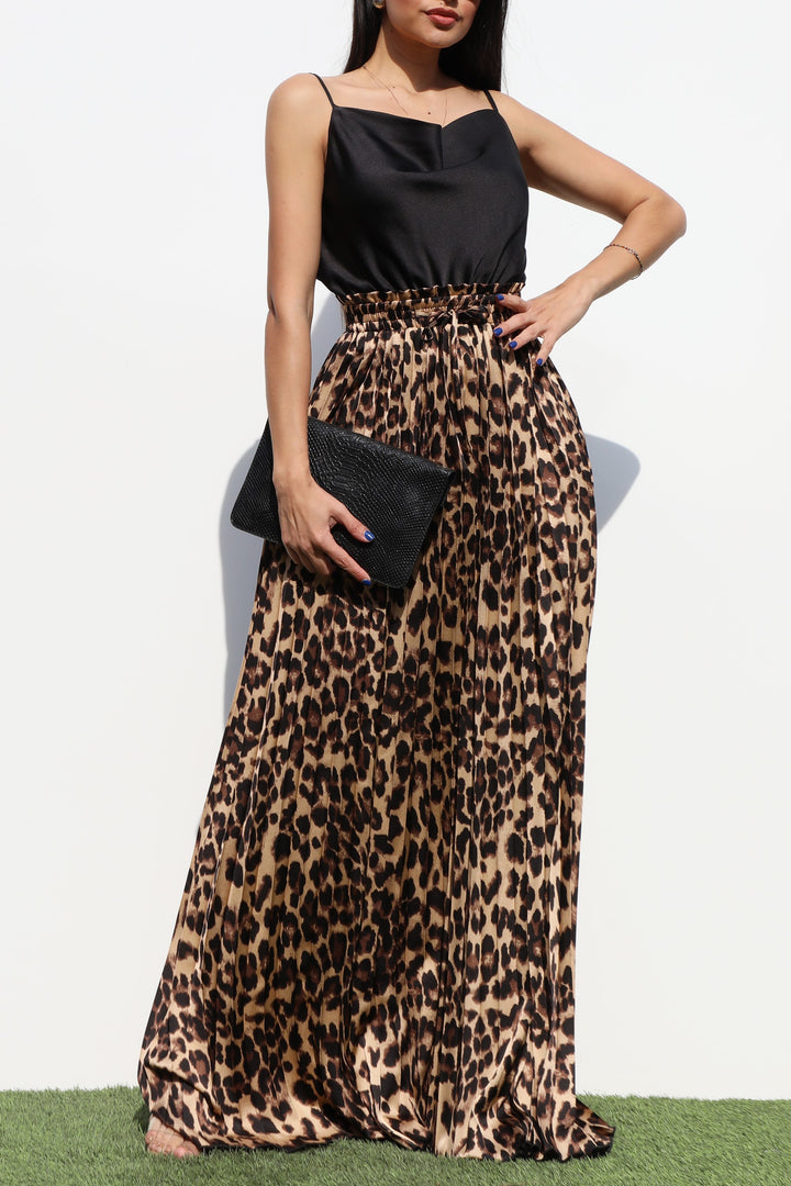 Pleated Cow Neck Satin Maxi Dress