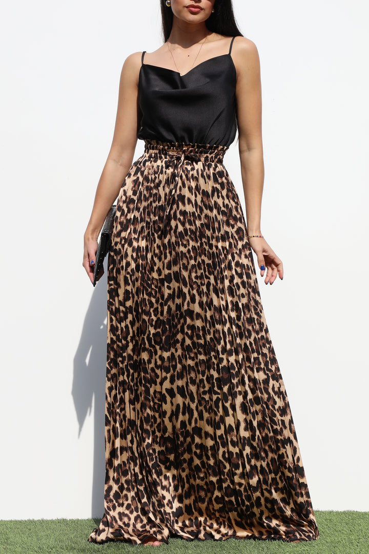 Pleated Cow Neck Satin Maxi Dress