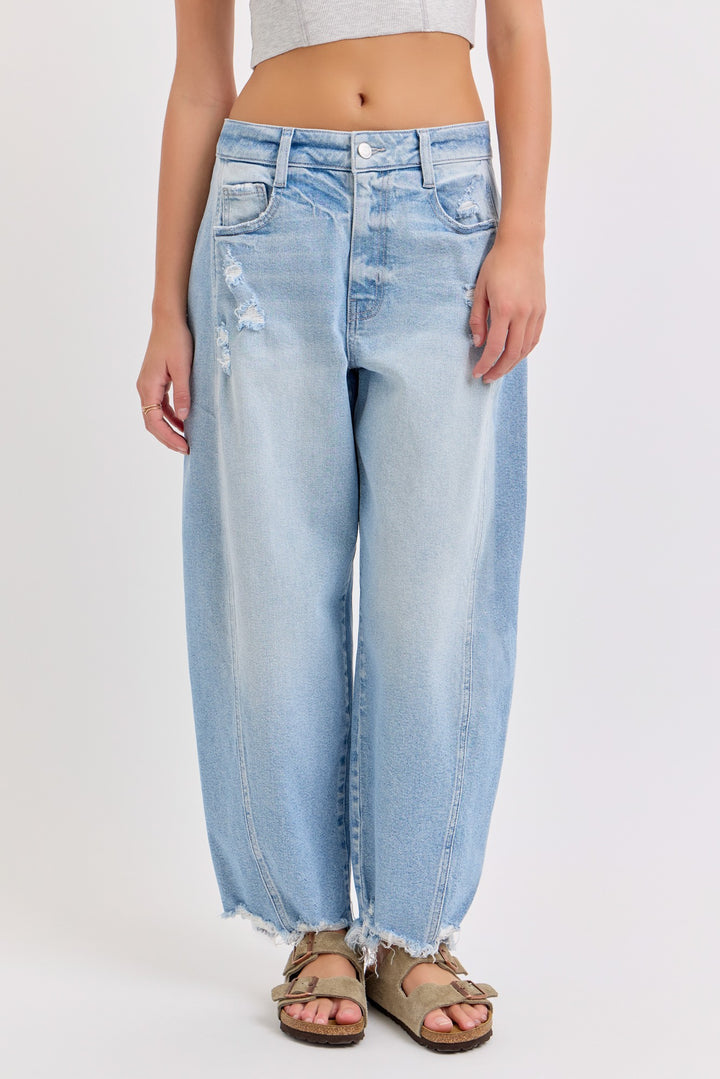 Mid Waisted Barrel With Side Panels And Frayed Hem