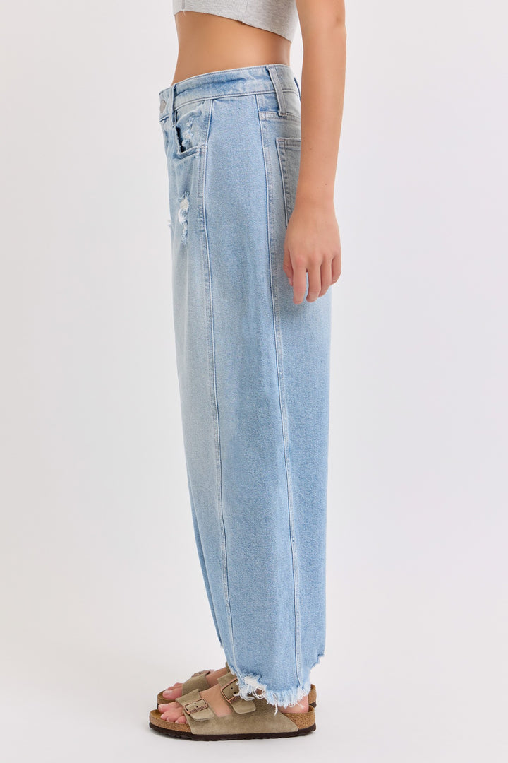 Mid Waisted Barrel With Side Panels And Frayed Hem