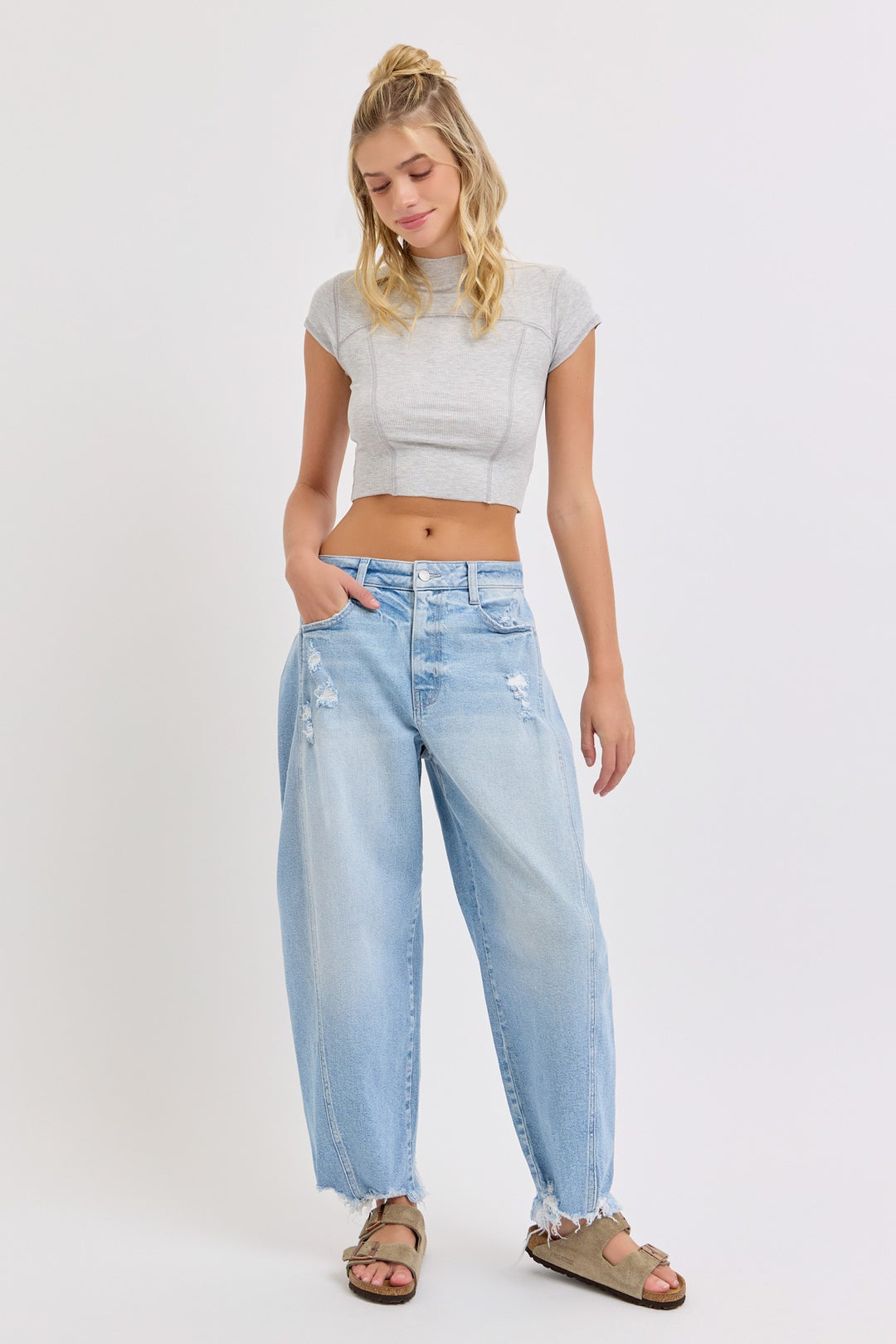 Mid Waisted Barrel With Side Panels And Frayed Hem
