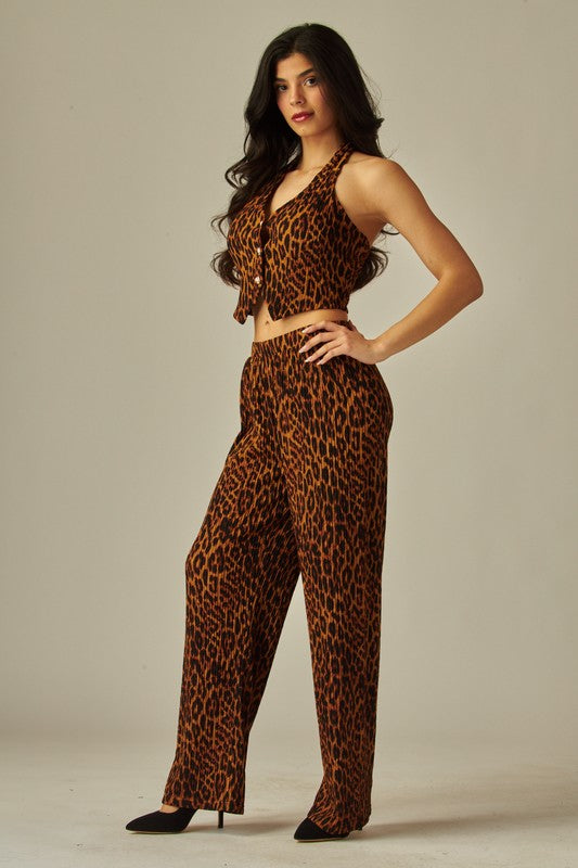 Leopard Print Crinkled Plisse Vest 2pc Pants Set