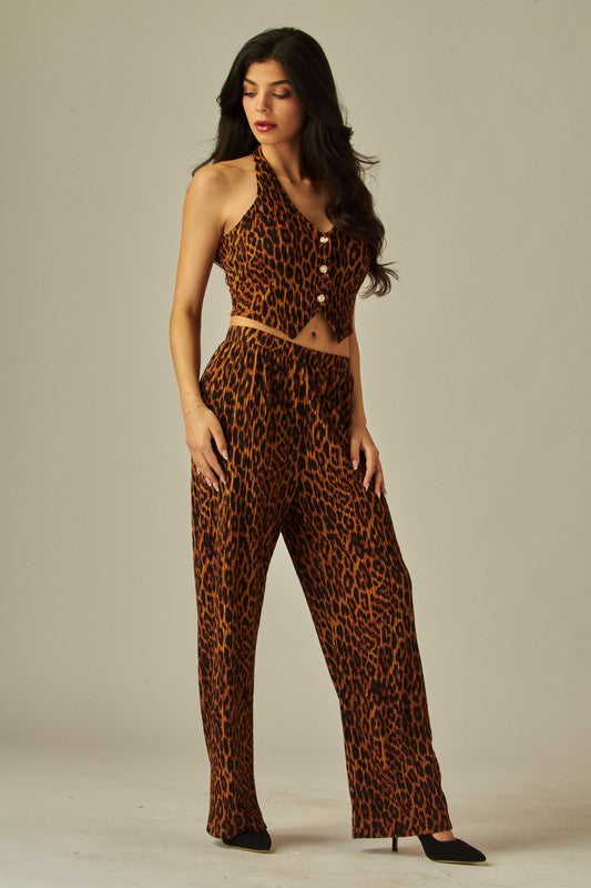 Leopard Print Crinkled Plisse Vest 2pc Pants Set