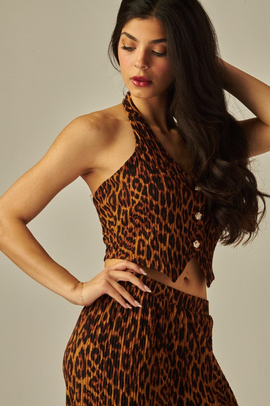 Leopard Print Crinkled Plisse Vest 2pc Pants Set