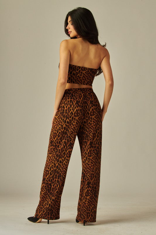 Leopard Print Crinkled Plisse Vest 2pc Pants Set