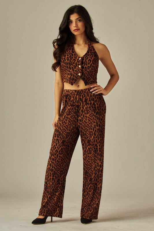 Leopard Print Crinkled Plisse Vest 2pc Pants Set