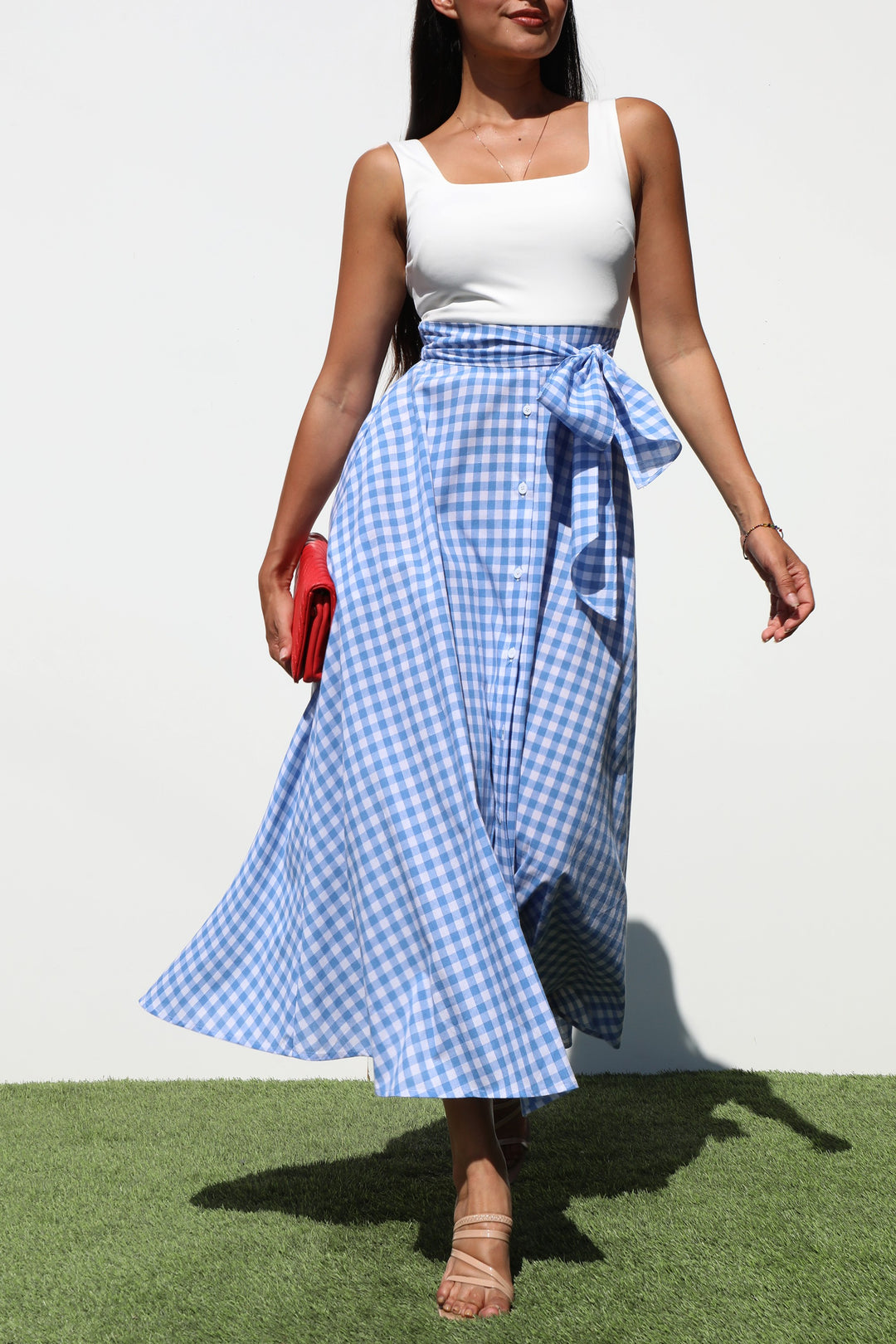 Square Neck Plaid Midi Dresses