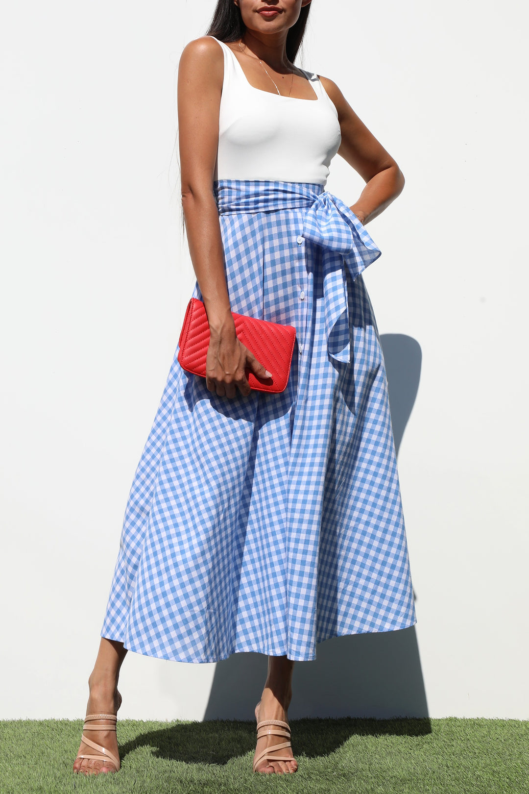 Square Neck Plaid Midi Dresses