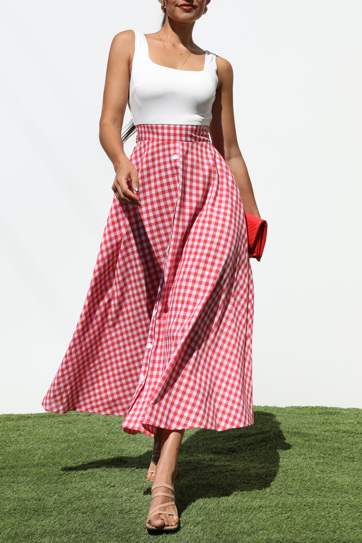 Square Neck Plaid Midi Dresses