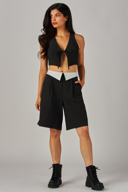 Pinstripe Foldover Bermuda Shorts
