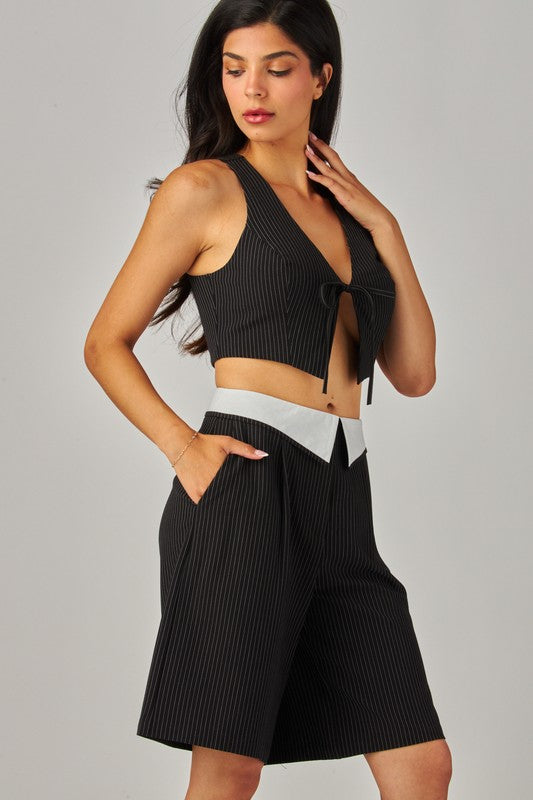 Pinstripe Foldover Bermuda Shorts