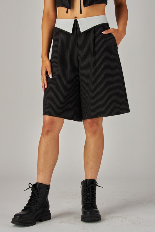 Pinstripe Foldover Bermuda Shorts