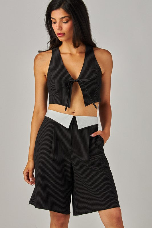 Pinstripe Foldover Bermuda Shorts
