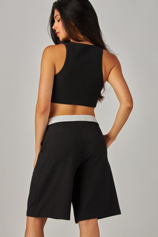 Pinstripe Foldover Bermuda Shorts