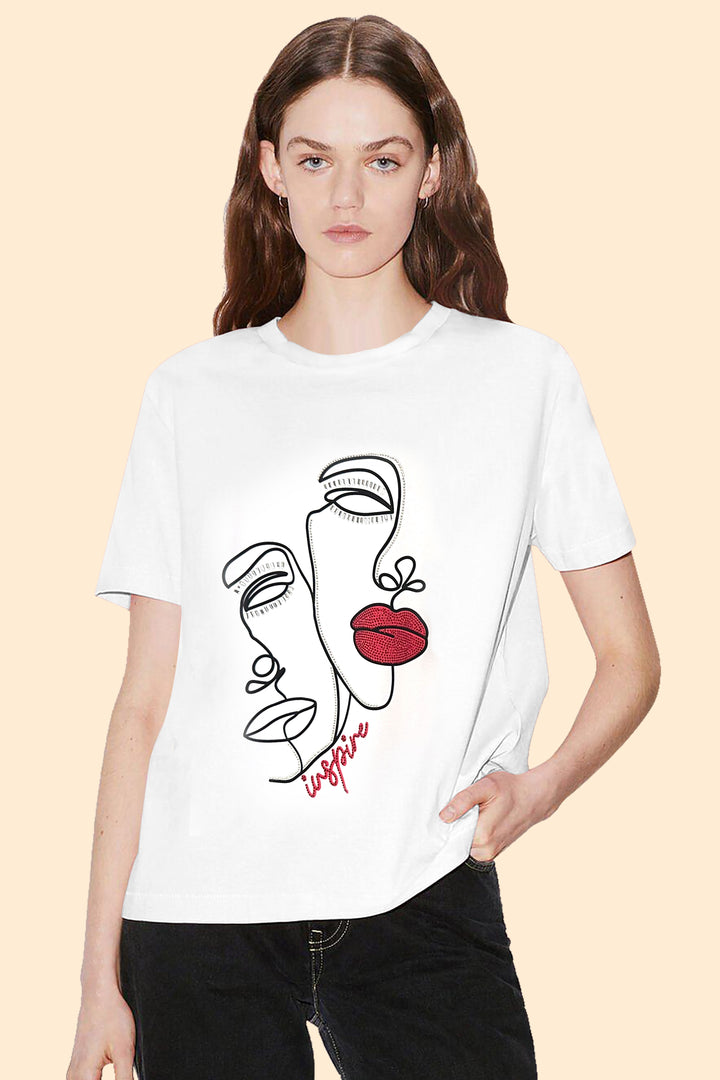 Abstract Face And Sequin Lip Design Graphic Tee