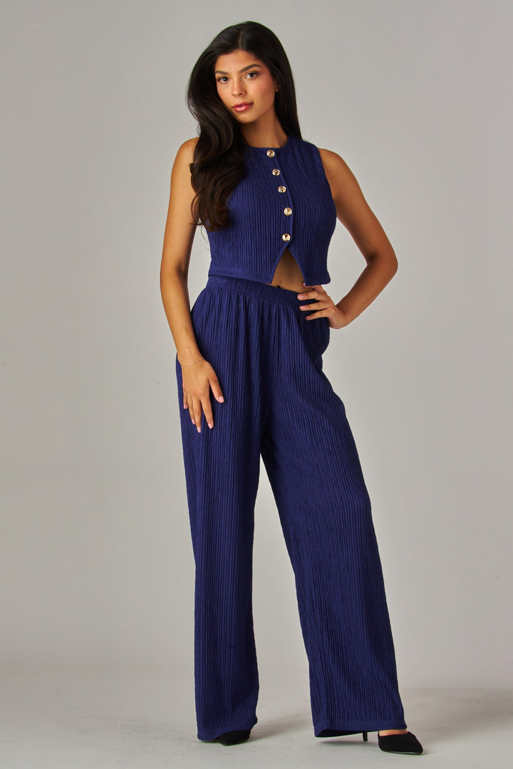 Crinkled Plisse Waistcoat Top 2pc Pants Set