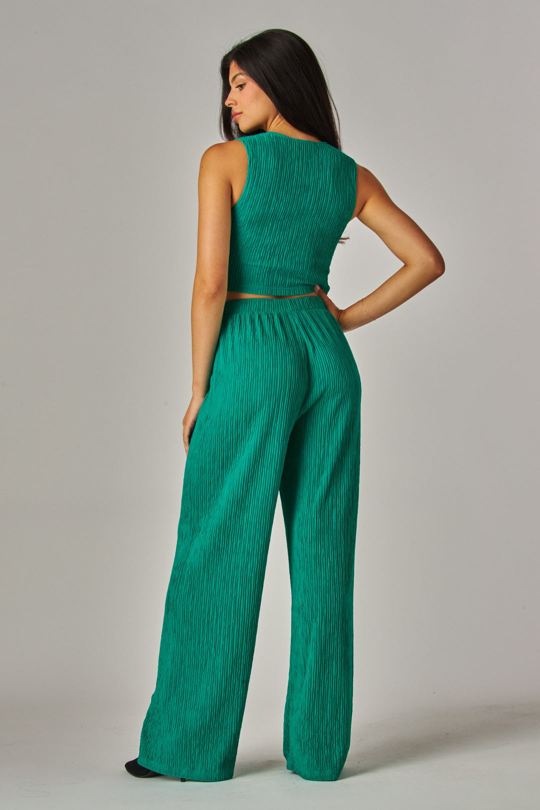Crinkled Plisse Waistcoat Top 2pc Pants Set