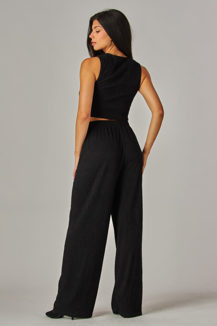 Crinkled Plisse Waistcoat Top 2pc Pants Set