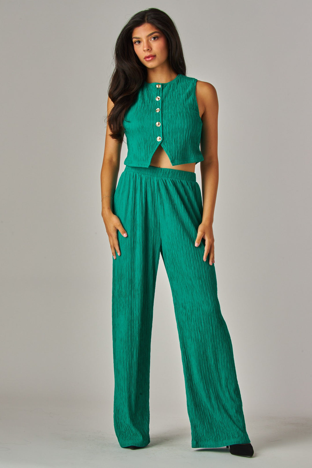 Crinkled Plisse Waistcoat Top 2pc Pants Set