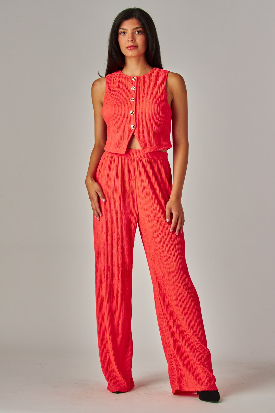 Crinkled Plisse Waistcoat Top 2pc Pants Set