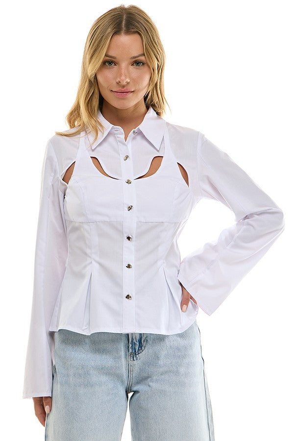 Hybrid Woven Peplum Button Up Top