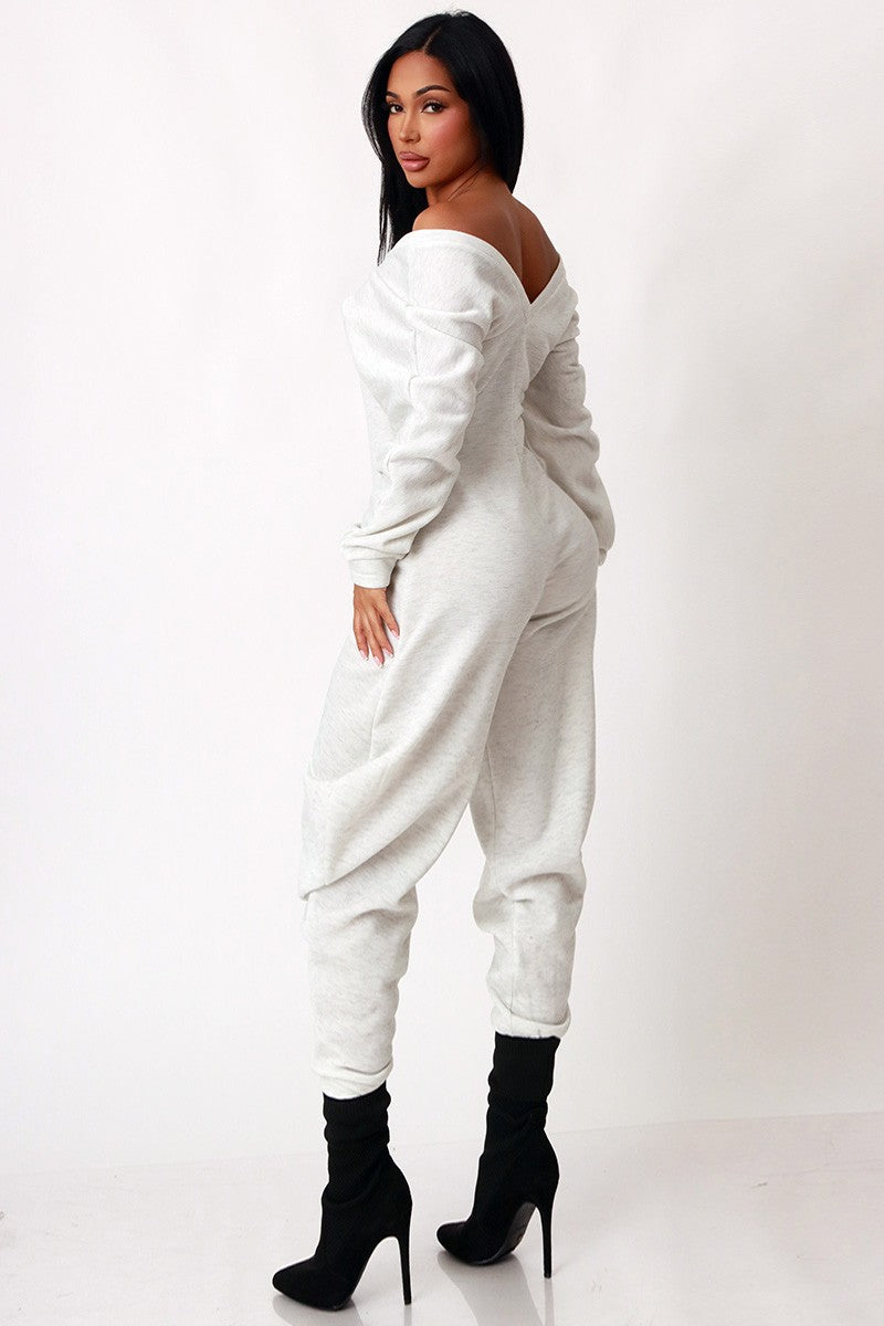 Off Shoulder Cozy Sweatshirt Fleece Jumpsuit