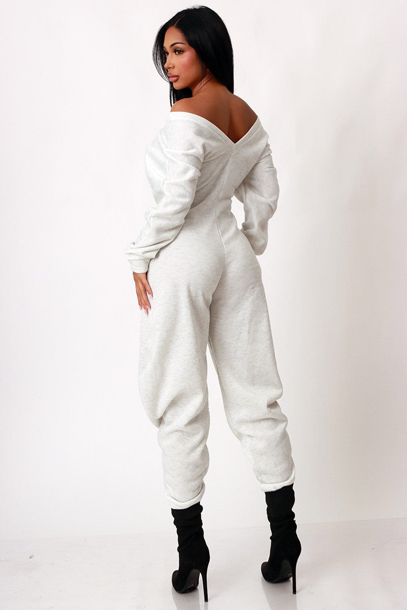 Off Shoulder Cozy Sweatshirt Fleece Jumpsuit