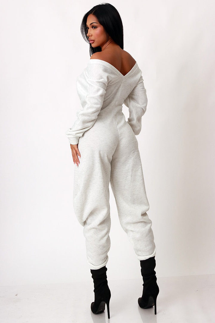 Off Shoulder Cozy Sweatshirt Fleece Jumpsuit